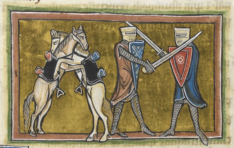 Detail of a miniature of two horses and two men, from the Rochester Bestiary, England (Rochester), c. 1230, Royal MS 12 F XIII, f. 42v